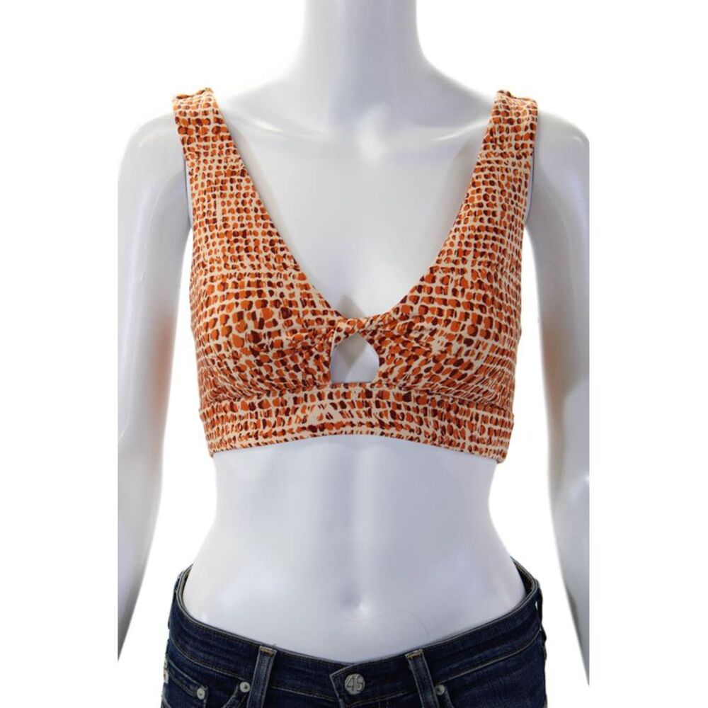 L Space Womens V Neck Abstract Printed Sports Bra White Orange Size Small